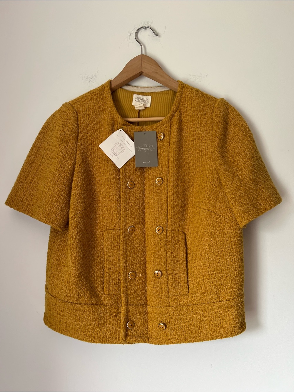 Anthropologie Gold Mustard Textured Short Sleeve Jacket Size 10 NWT